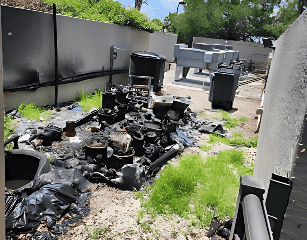 Pile of burned and dismantled old pool equipment, tanks, heaters, and scrap plumbing against a stucco wall before removal by Pools USA in Port St. Lucie, FL.