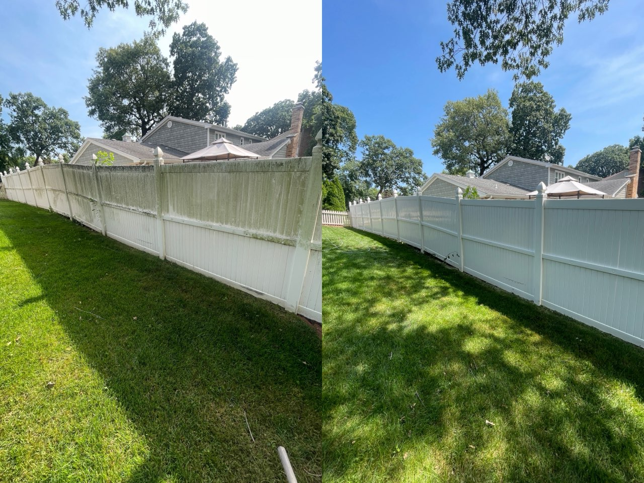 Technician carefully cleaning wood fence boards with controlled pressure washing equipment