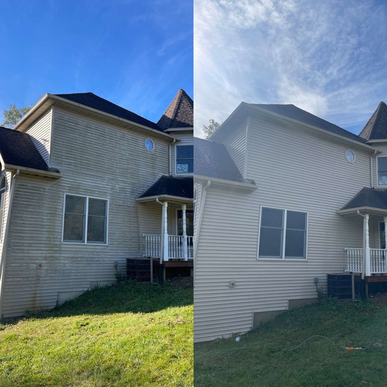 Technician washing algae-stained siding on suburban Lake County home before weekend gathering